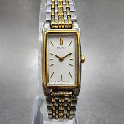 Seiko Tank Watch Women 13mm White Dial Two Tone Rectangle 2e207021 New Battery0