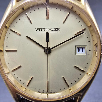 Wittnauer Watch Men 33mmCream Dial Gold Tone Round Date 9514 New Battery1
