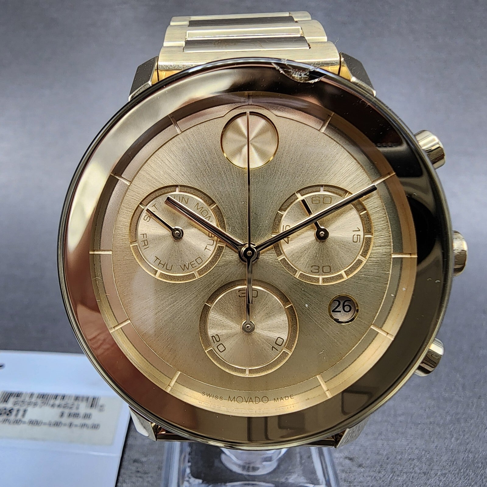 Movado Bold Evolution Chronograph Watch Men 42mm Gold Dial Gold Tone Date CHIP1