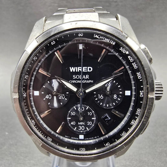 Alba Solar Chronograph Watch Men 42mm Black Dial Steel Date V175-0AB0 Works0