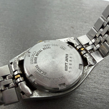 Seiko Watch Women 25mm White Dial Two Tone Daydate Round 7n83-0041 New Batt NM829