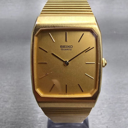 Seiko Watch Men 26mm Gold Dial Gold Tone Rectangle 6530-5089 New Battery Vintage0