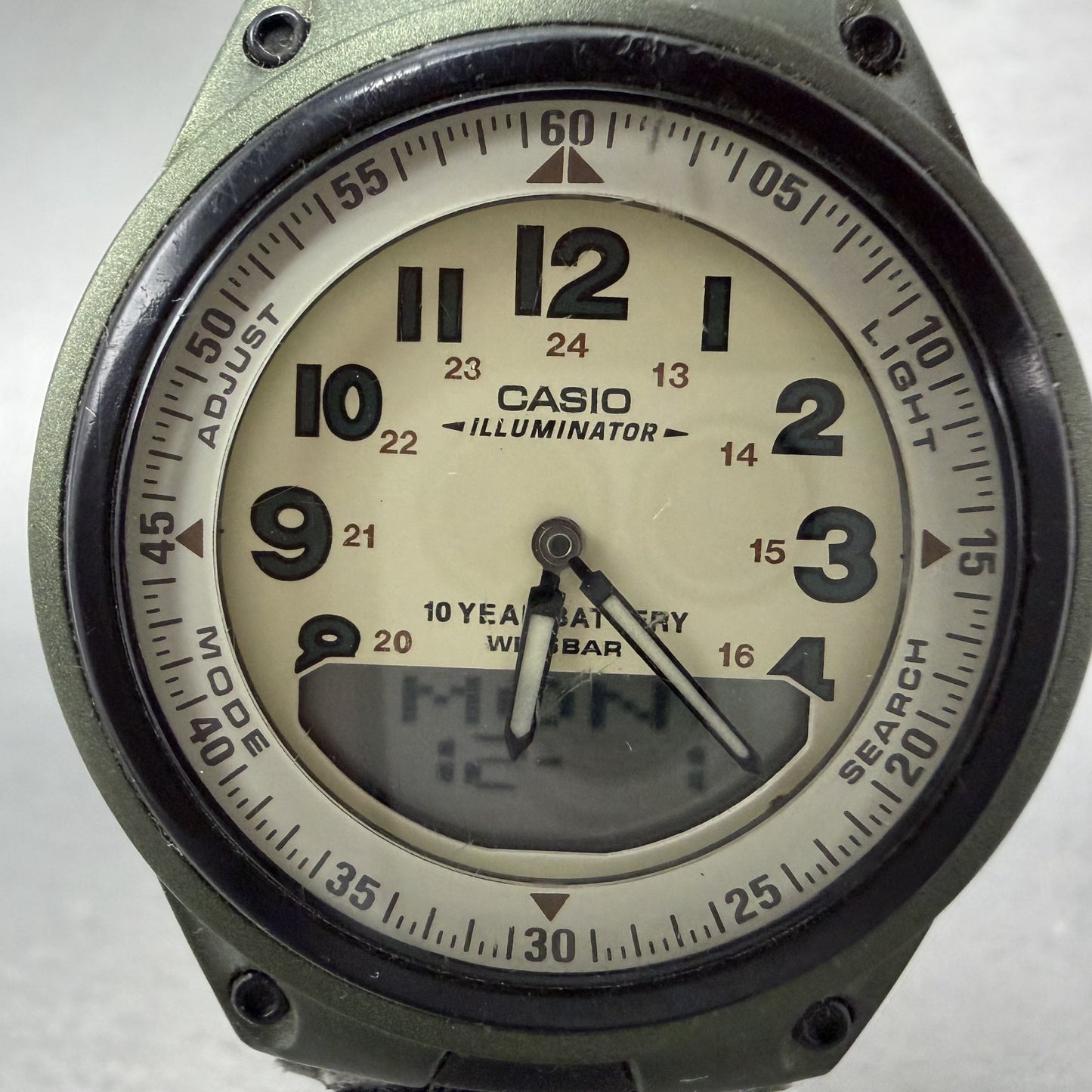 Casio Illuminator Watch Men 40mm Analog Digital Green Alarm Chrono AW-80 New Bat1