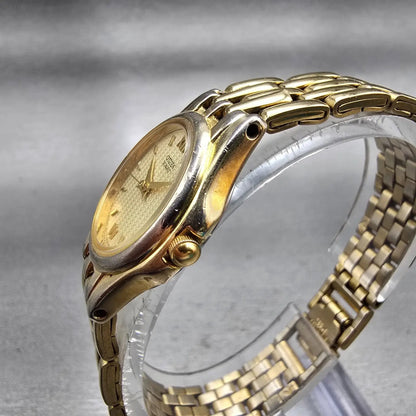 Citizen Watch Women 24mm Gold Dial Gold Tone Round READ!!!! 6031-S52543 New Batt2