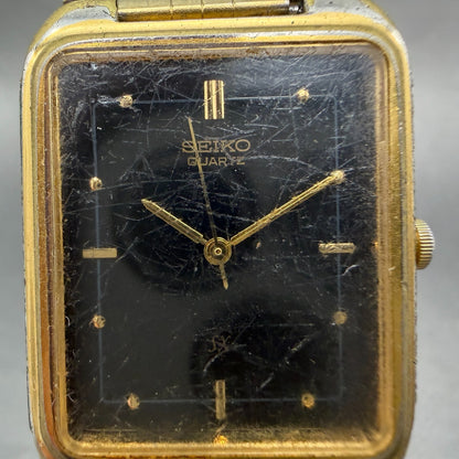 Seiko SX Tank Watch Men 26mm Black Dial Gold Tone Rectangle V701-5J00 NewBattery1
