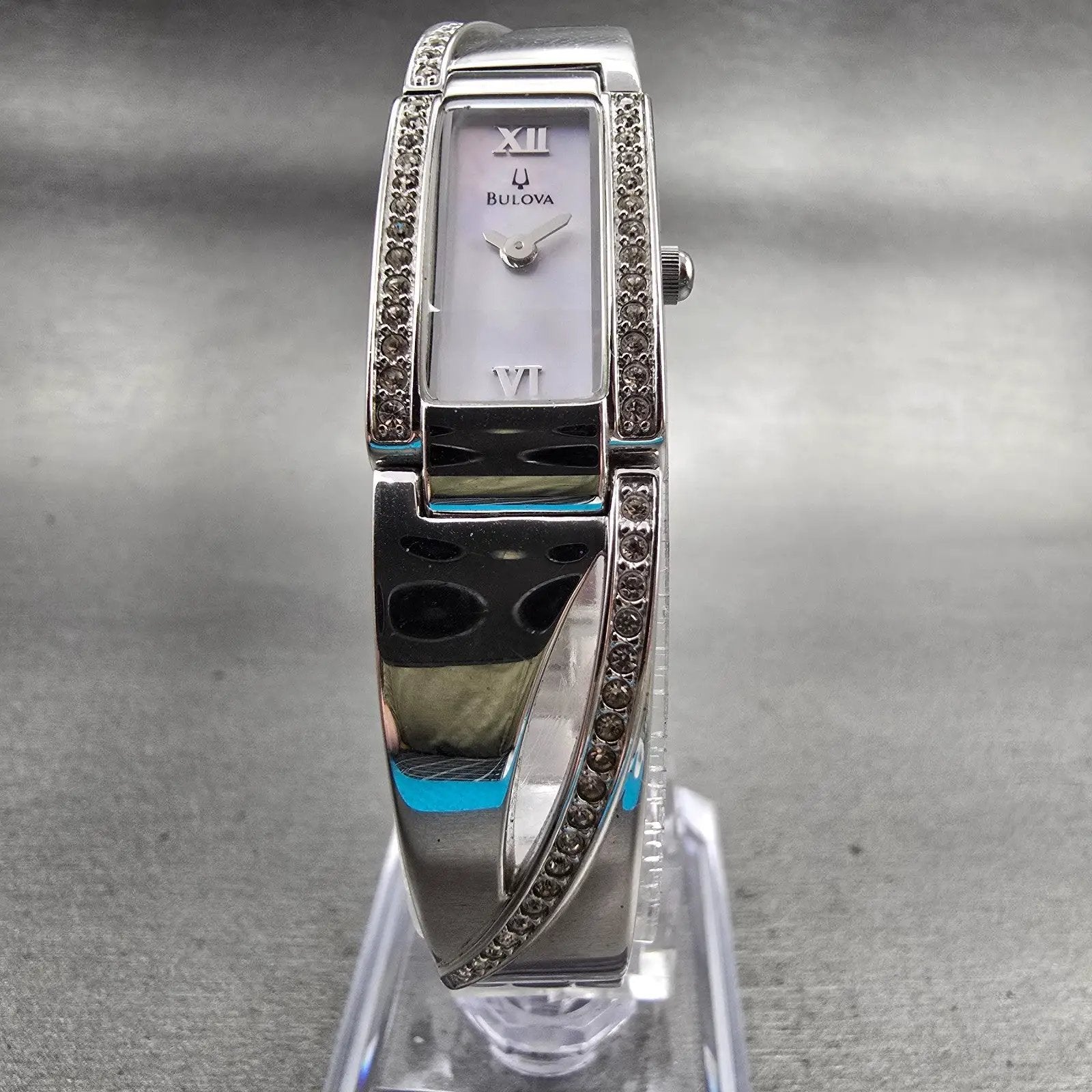 Bulova Watch Women 14mm MOP Dial Silver Tone Gemmed Rectangle 96T63 New Batt5