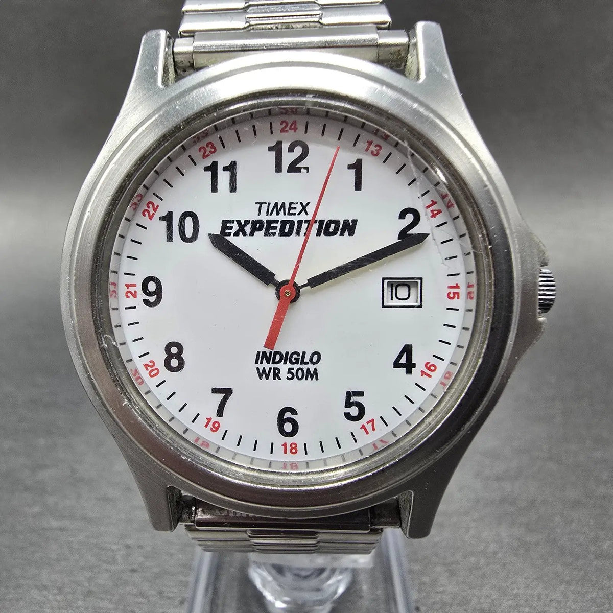 Timex Expedition Watch Men 38mm White Dial Silver Date Round New Battery Indiglo0