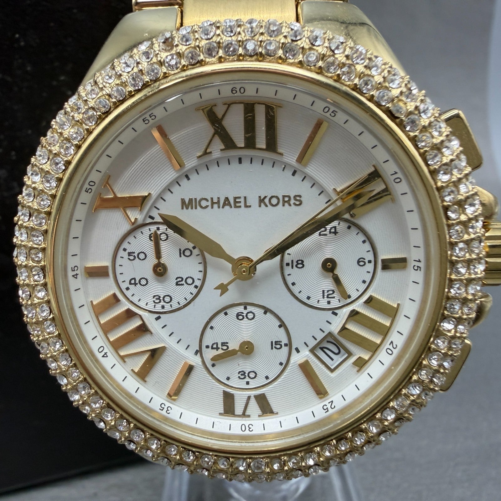 Michael Kors Bradshaw Chronograph Watch Women 42mm White Dial Gold Tone New Batt1