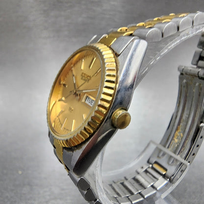 Seiko SQ Watch Women 24mm Gold Dial Two Tone Daydate 24mm Round New Battery B122