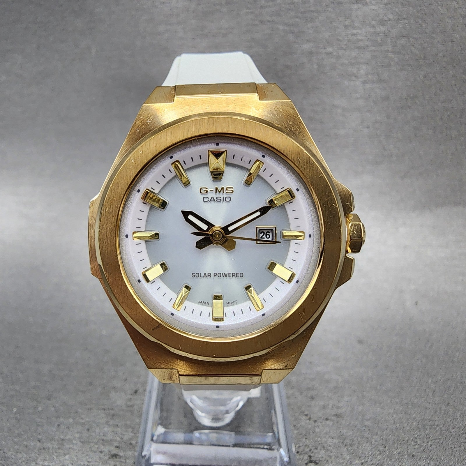 Casio BabyG Watch Women 37mm White Dial Rose Gold Tone Date Solar MSGS500 Runs0
