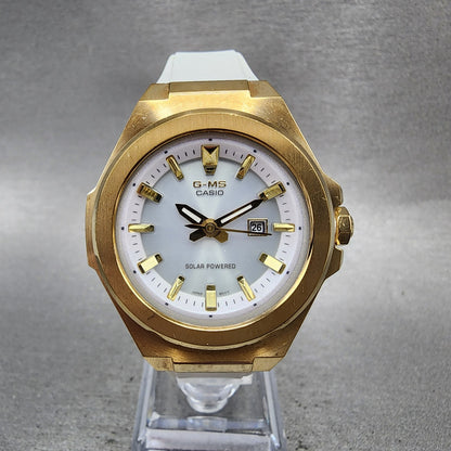 Casio BabyG Watch Women 37mm White Dial Rose Gold Tone Date Solar MSGS500 Runs0