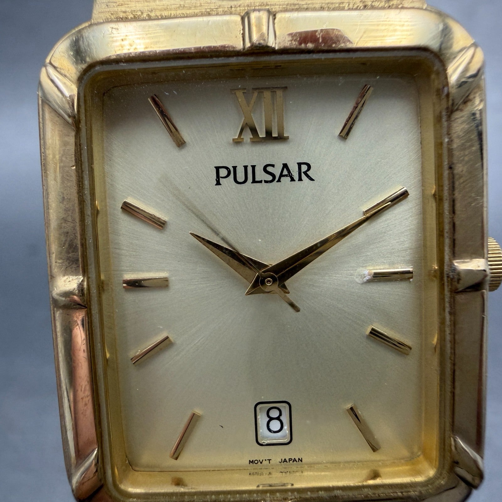 Pulsar Tank Watch Men 26mm Champagne Dial Gold Tone Date Rectangle New Battery 31