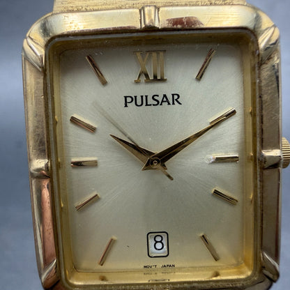 Pulsar Tank Watch Men 26mm Champagne Dial Gold Tone Date Rectangle New Battery 31