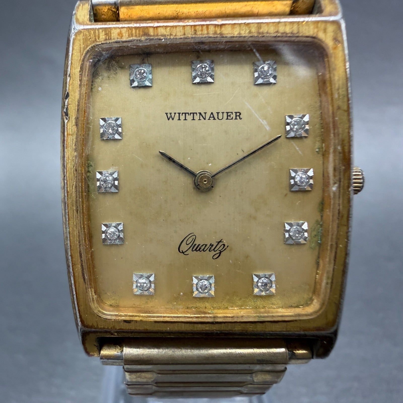 Wittnauer Tank Watch Men 27mm Gold Dial Gold Tone Rectangle Diamond Marker PARTS2