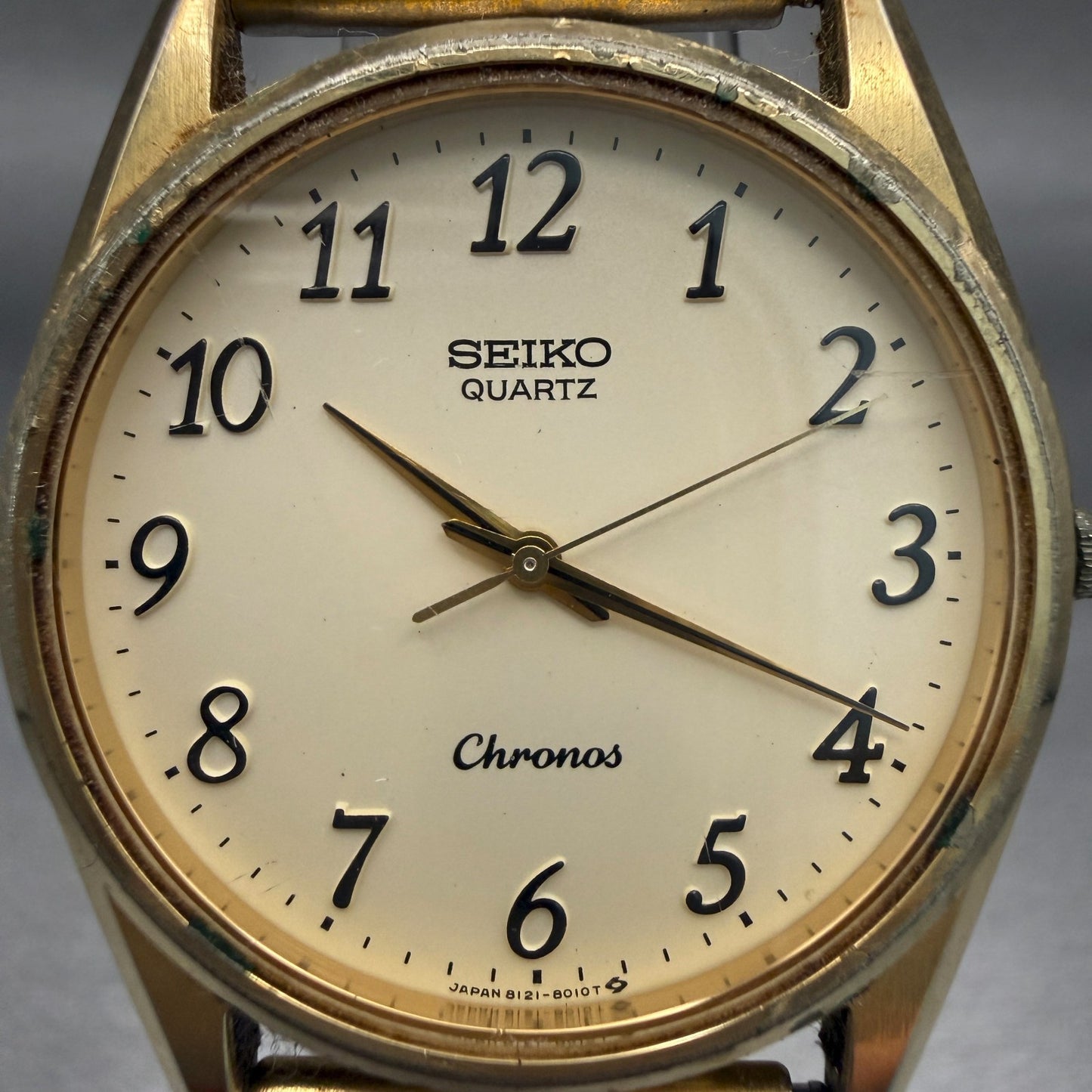 Seiko Chronos Watch Men 34mm Champagne Dial Gold Tone Round 8121-8000 New Batt1