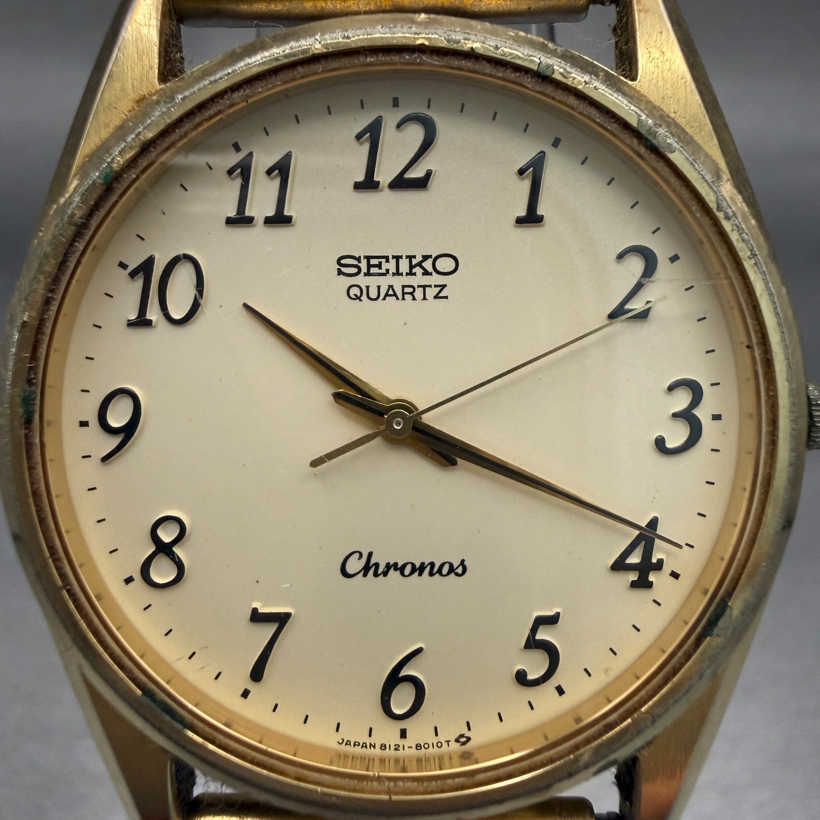 Seiko Chronos Watch Men 34mm Champagne Dial Gold Tone Round 8121-8000 New Batt1
