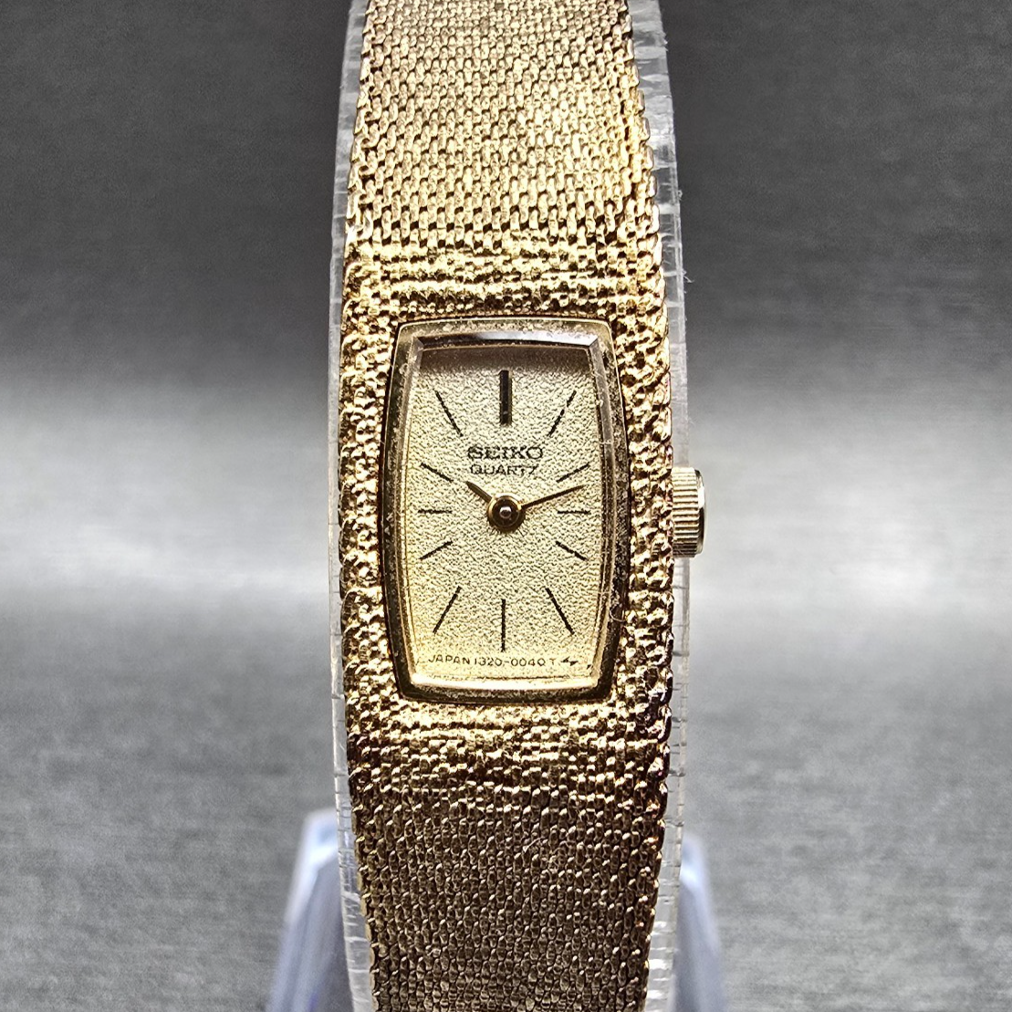 Seiko Tank Watch Women 12mm Gold Dial Gold Tone Rectangle 1320-5039 New Battery0