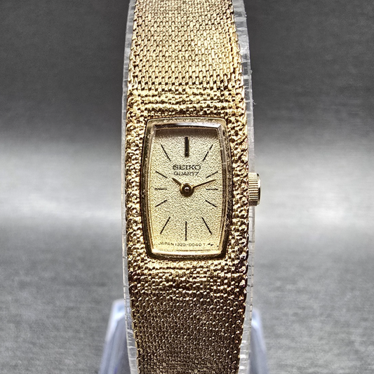 Seiko Tank Watch Women 12mm Gold Dial Gold Tone Rectangle 1320-5039 New Battery0