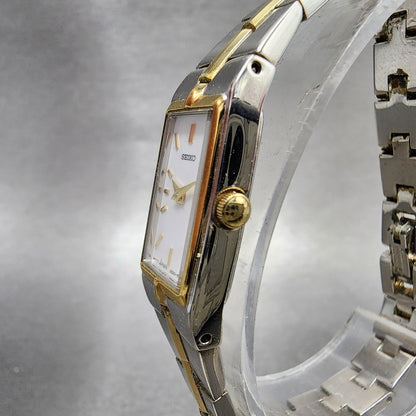 Seiko Tank Watch Women 13mm White Dial two Tone Rectangle 2E200AY0 New Battery2