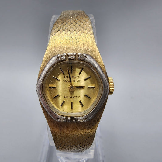 VTG Bulova Accutron Watch Women Gold Tone Gold Dial Diamond Bezel New Battery
