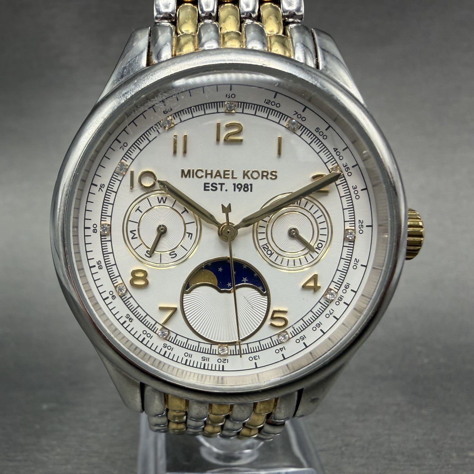 Michael Kors Amelia Moonphase Watch Women 38mm White Dial Two Tone New Battery0