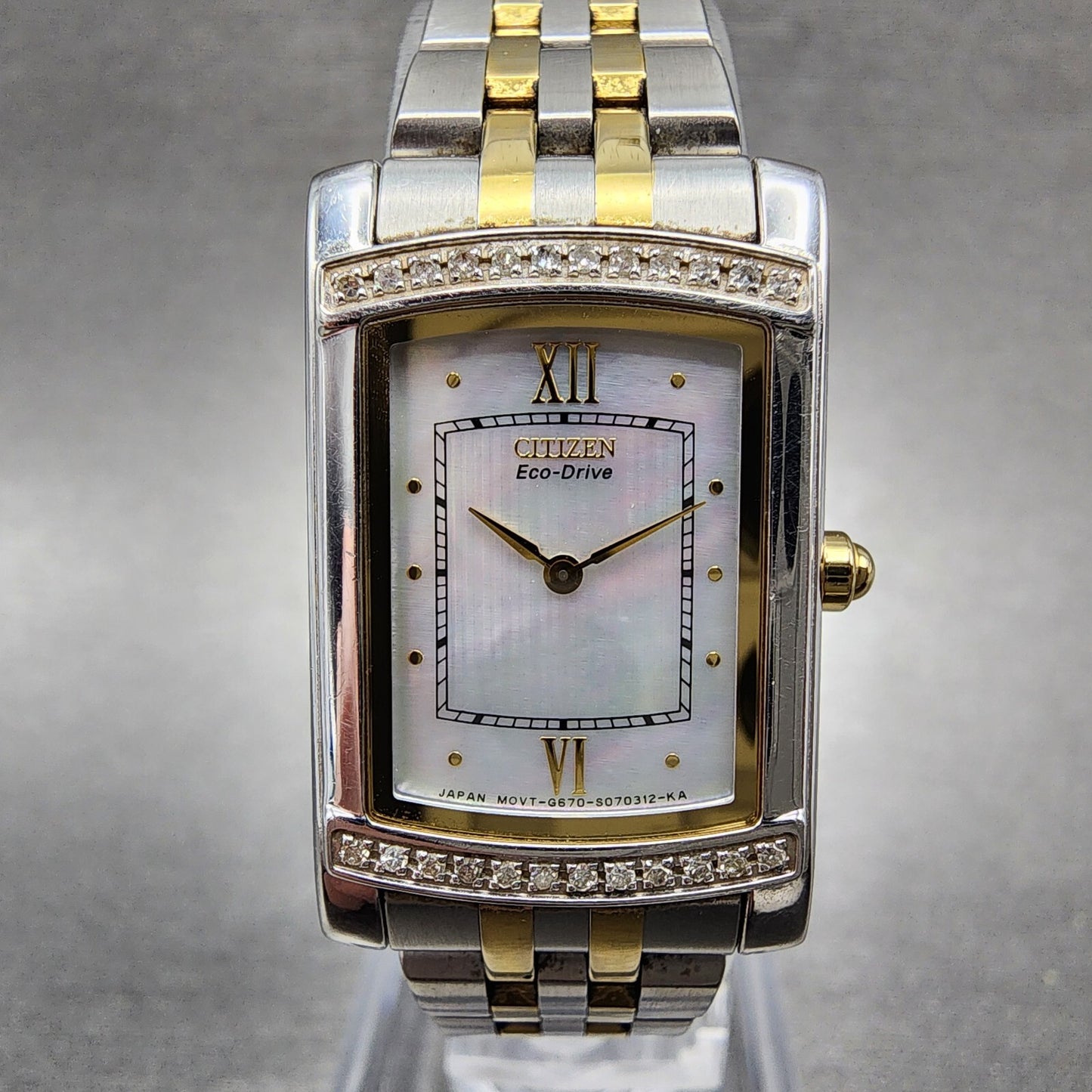 Citizen EcoDrive Tank Watch Women 18mm MOP Dial Two Tone Rectangle Runs1