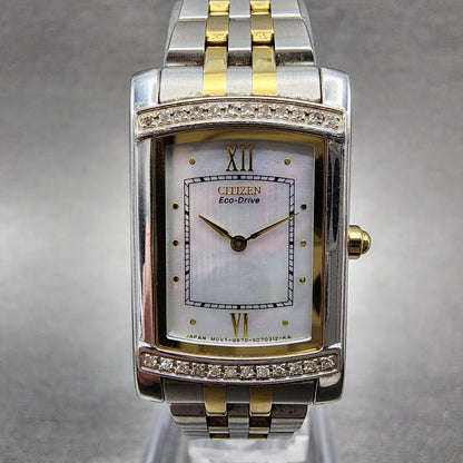 Citizen EcoDrive Tank Watch Women 18mm MOP Dial Two Tone Rectangle Runs1