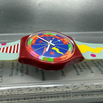 Swatch Musical Fandango Watch Men 34mm Blue Dial Red Tone SLR100 New batt W/box5