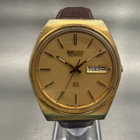 Seiko SQ Watch Men 35mm Gold Dial Gold Tone Daydate Round 8223-8029 New Battery0
