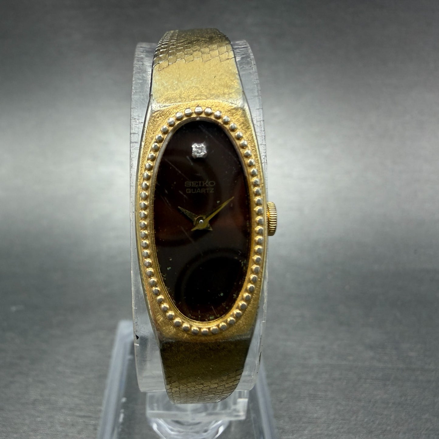 Seiko Tank Watch 13mm Women Brown Dial Gold Tone Rectangle 1320-5279 New Battery0