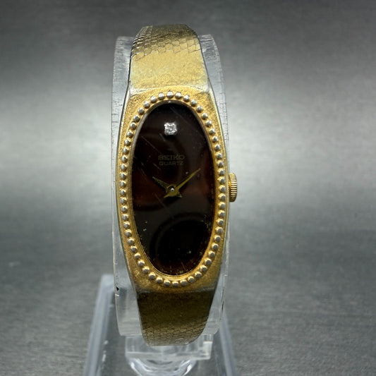 Seiko Tank Watch 13mm Women Brown Dial Gold Tone Rectangle 1320-5279 New Battery0
