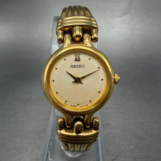 Seiko Watch Women 21mm Champagne Dial Gold Tone Round V400-1229 New Battery0