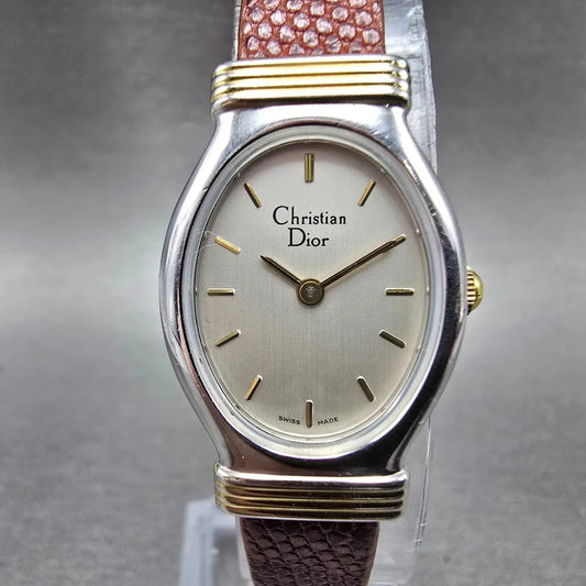 Christian Dior Watch Women 20mm Silver Dial Two Tone Oval New Battery Vintage0