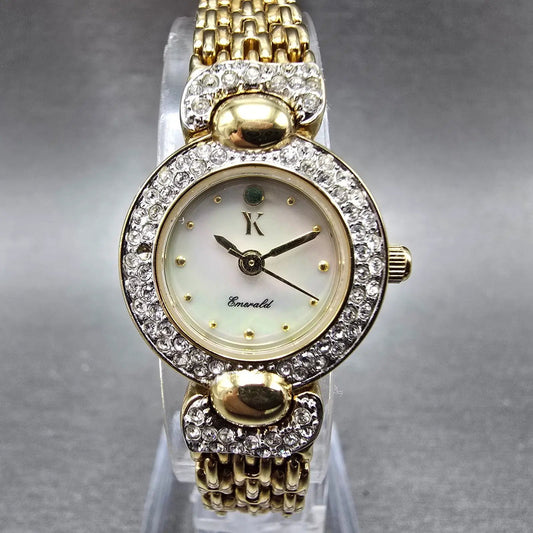 Yukiko Kimijima Emerald Watch Women 20mm MOP Dial Gold Crystal Bezel New Battery0