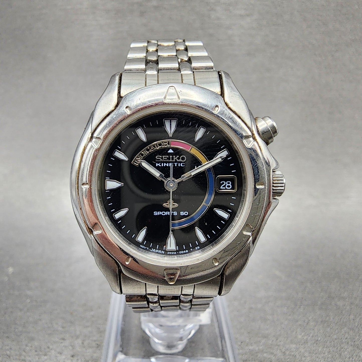 Seiko Kinetic Sports 50 Watch Women 31mm Black Dial Steel Date 3m220b79 PARTS0