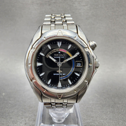 Seiko Kinetic Sports 50 Watch Women 31mm Black Dial Steel Date 3m220b79 PARTS0