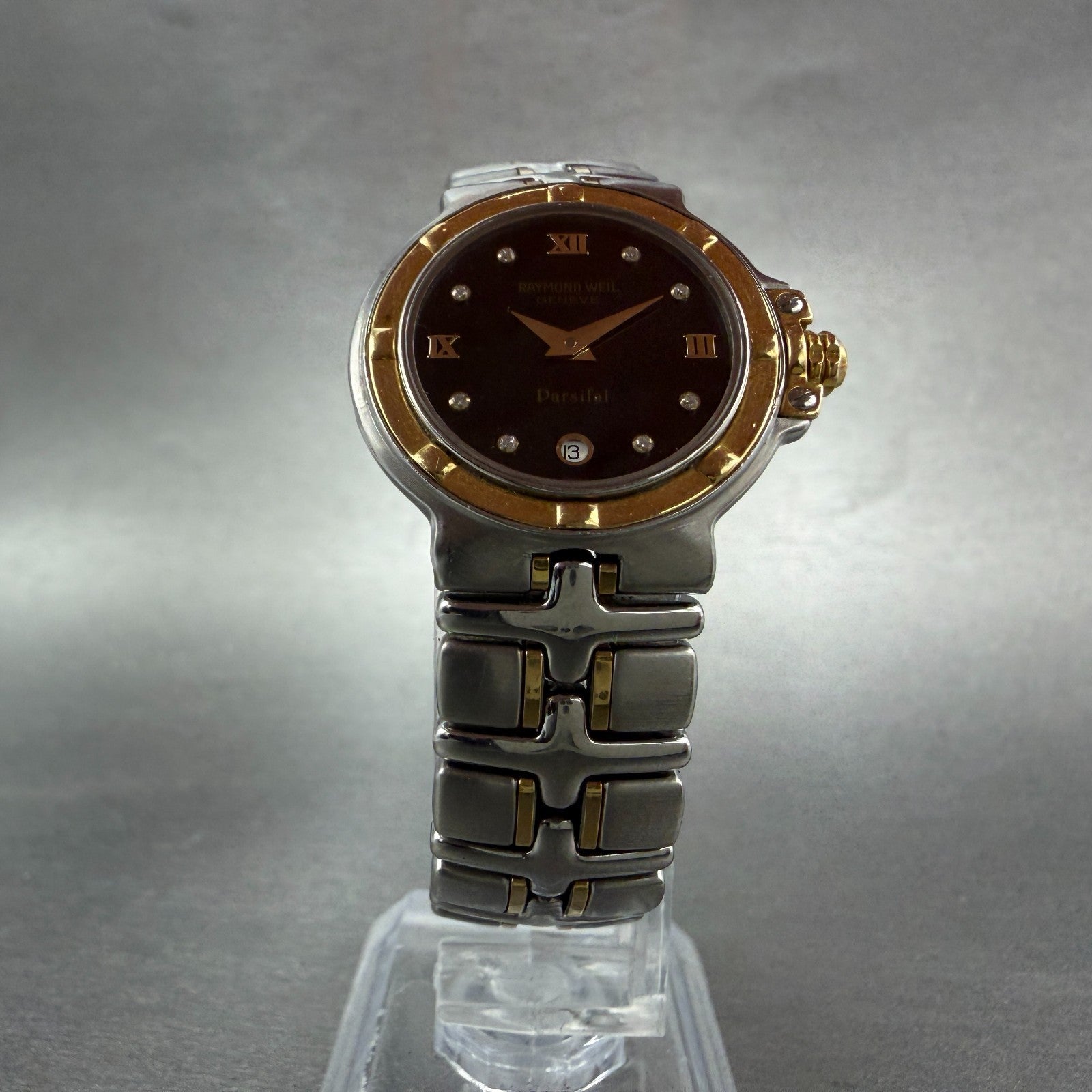 Raymond Weil Parsifal Watch Women 27mm Black Dial Two Tone Date 9990 New batt AB5