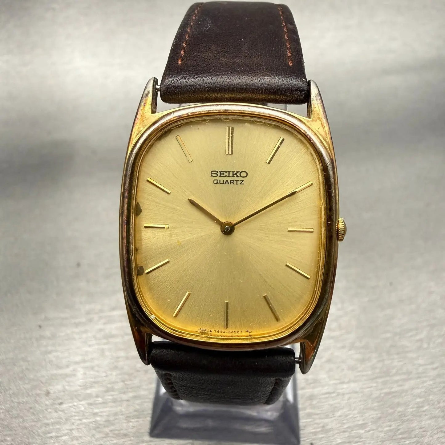 Seiko Watch Men 27mm Gold Dial Gold Tone Rectangle 7430-5319 New Battery VTG0