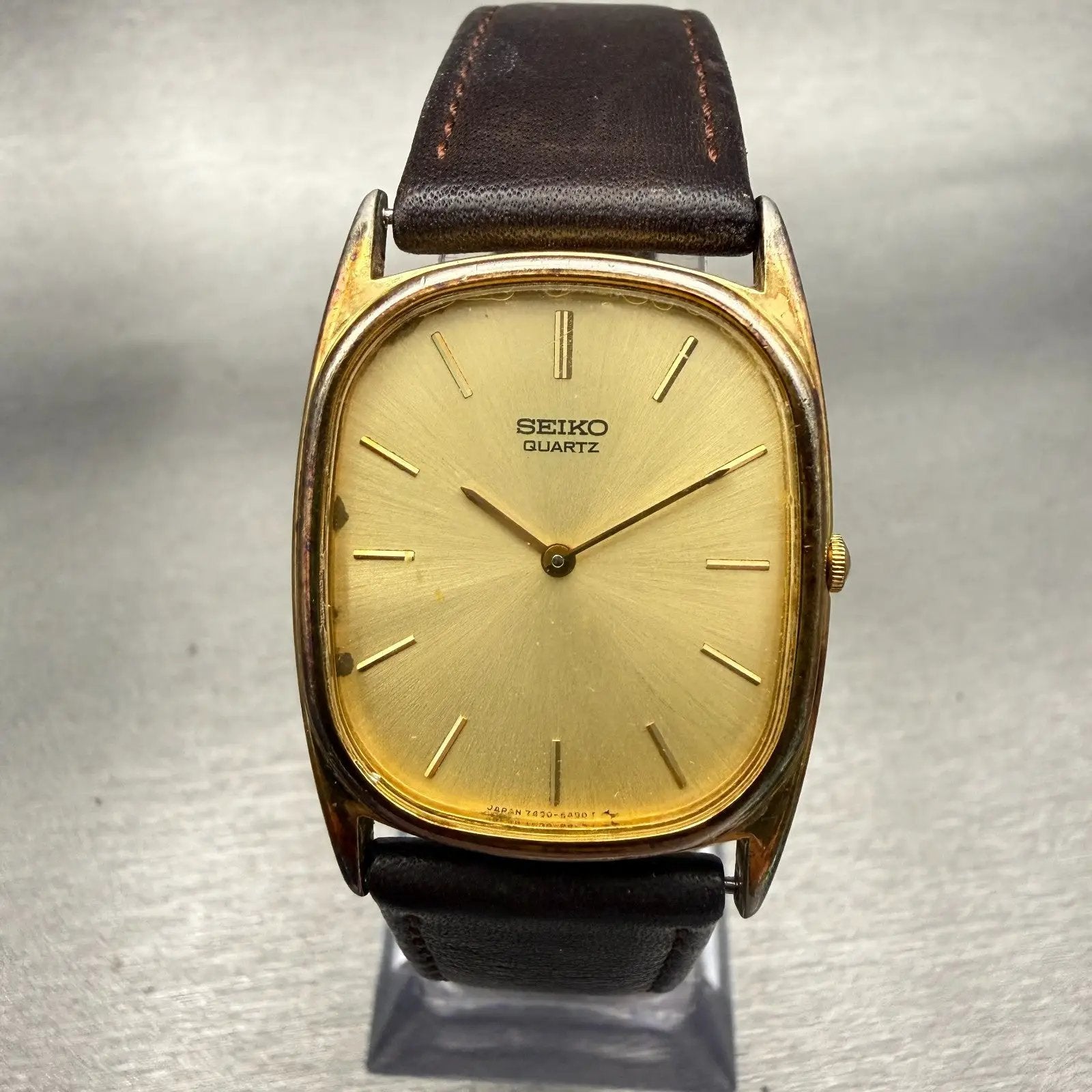 Seiko Watch Men 27mm Gold Dial Gold Tone Rectangle 7430-5319 New Battery VTG0