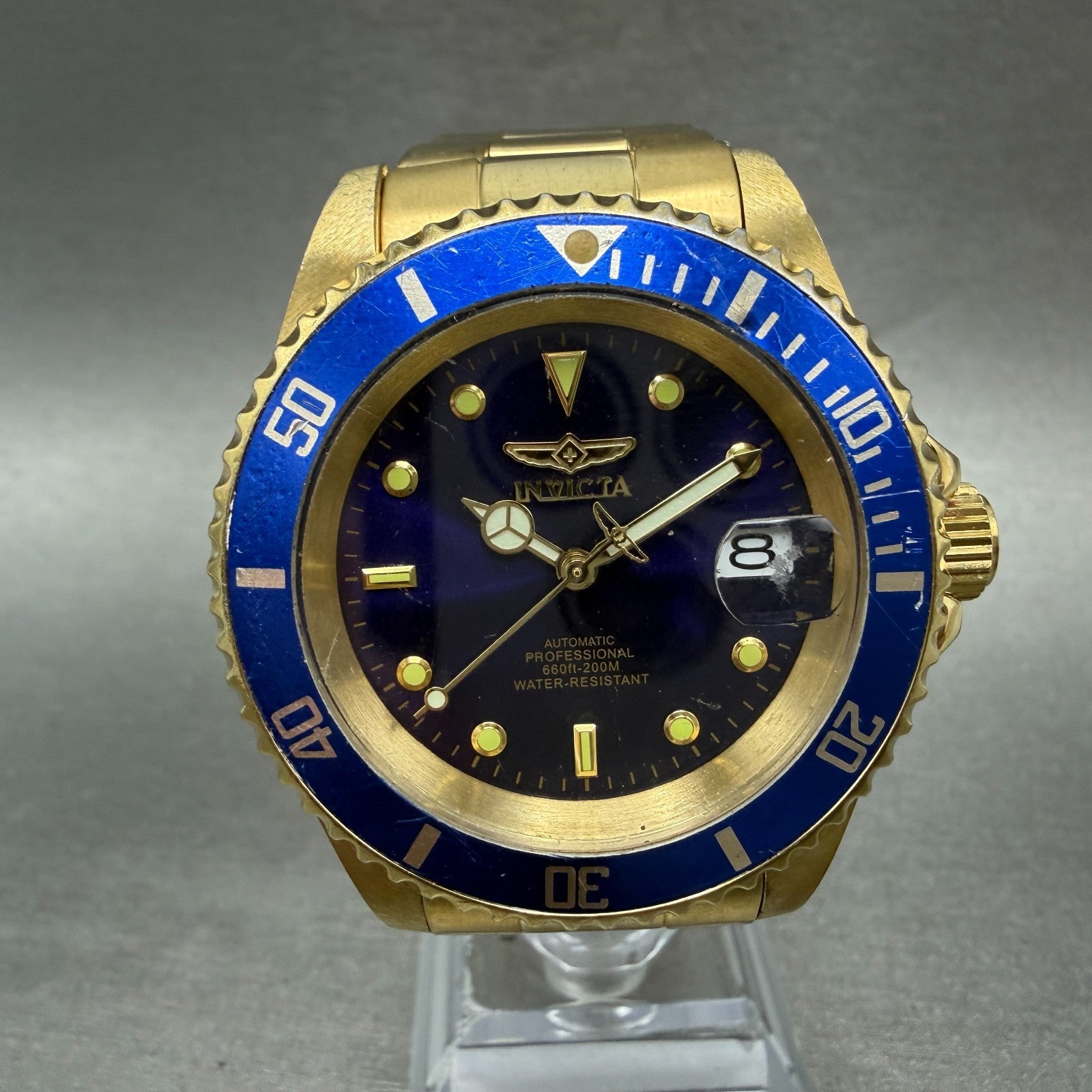 Invicta Pro Diver Watch Men 40mm Blue Dial Gold Tone Date Automatic 89300B Runs0