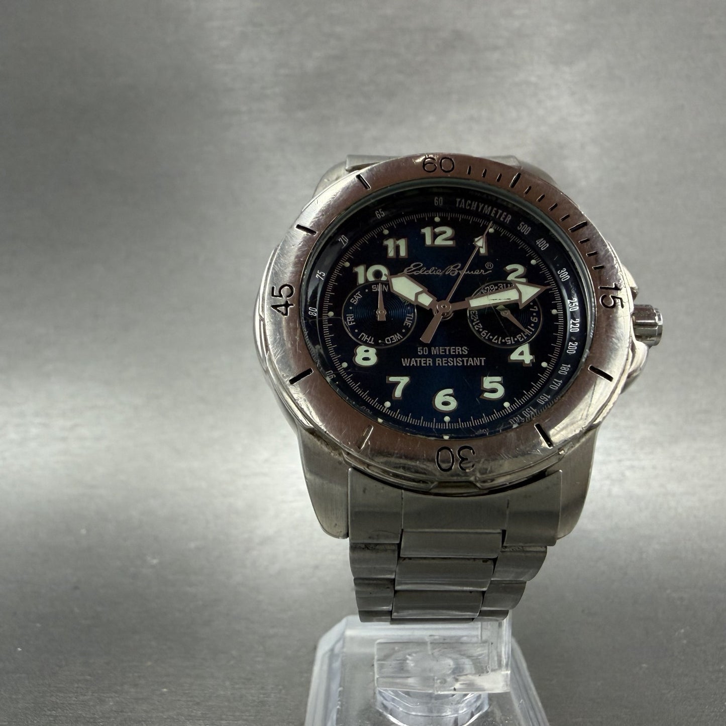 Eddie Baur Watch Men 39mm Blue Dial Silver Tone Daydate Round New Battery5