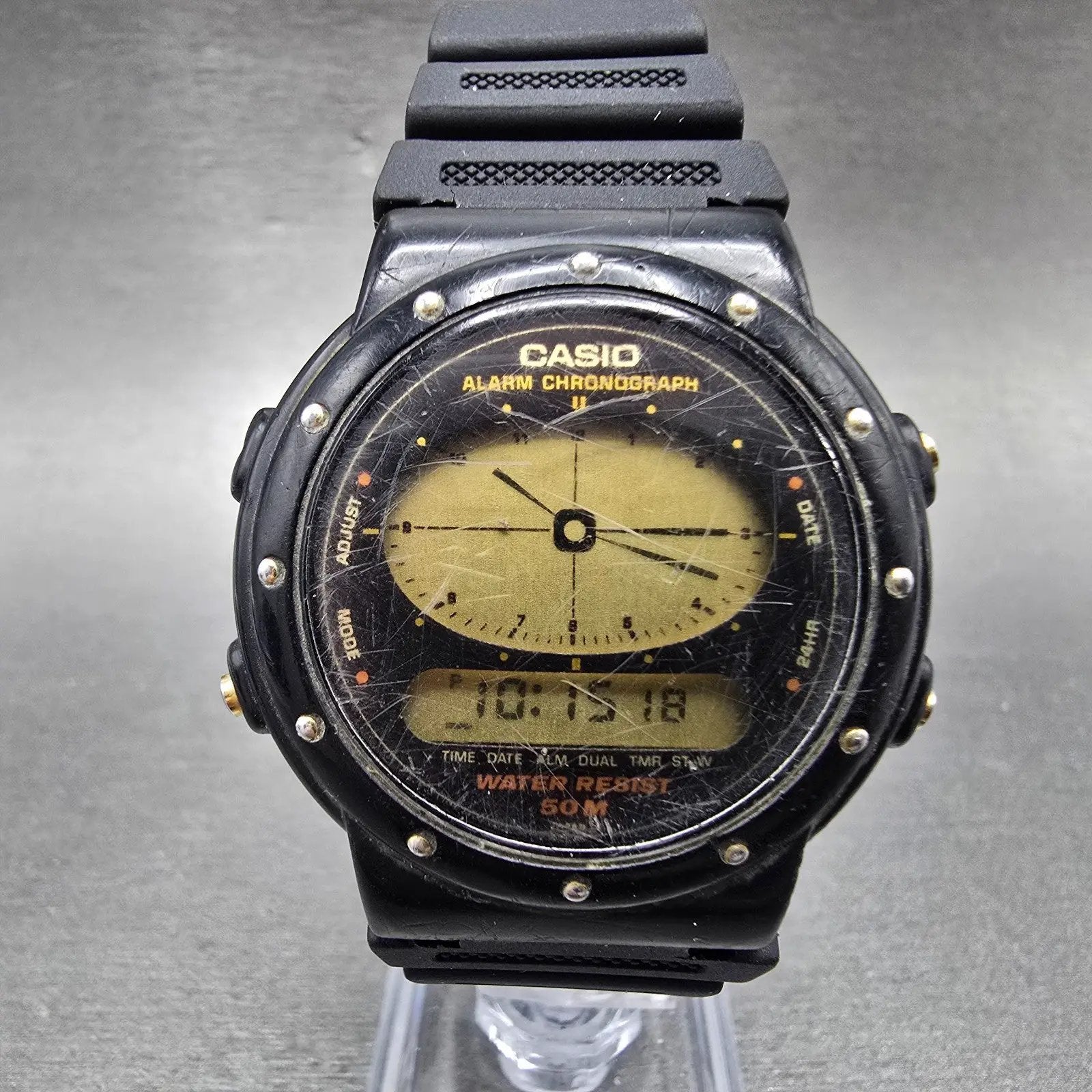 Casio AE-30W Watch Men 38mm Black Alarm Chronograph Round New battery VTG0