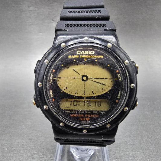 Casio AE-30W Watch Men 38mm Black Alarm Chronograph Round New battery VTG0