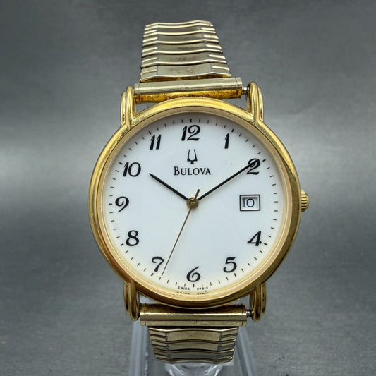 Bulova Watch Men 34mm White Dial Gold Tone Date Round 97B12 New Battery0