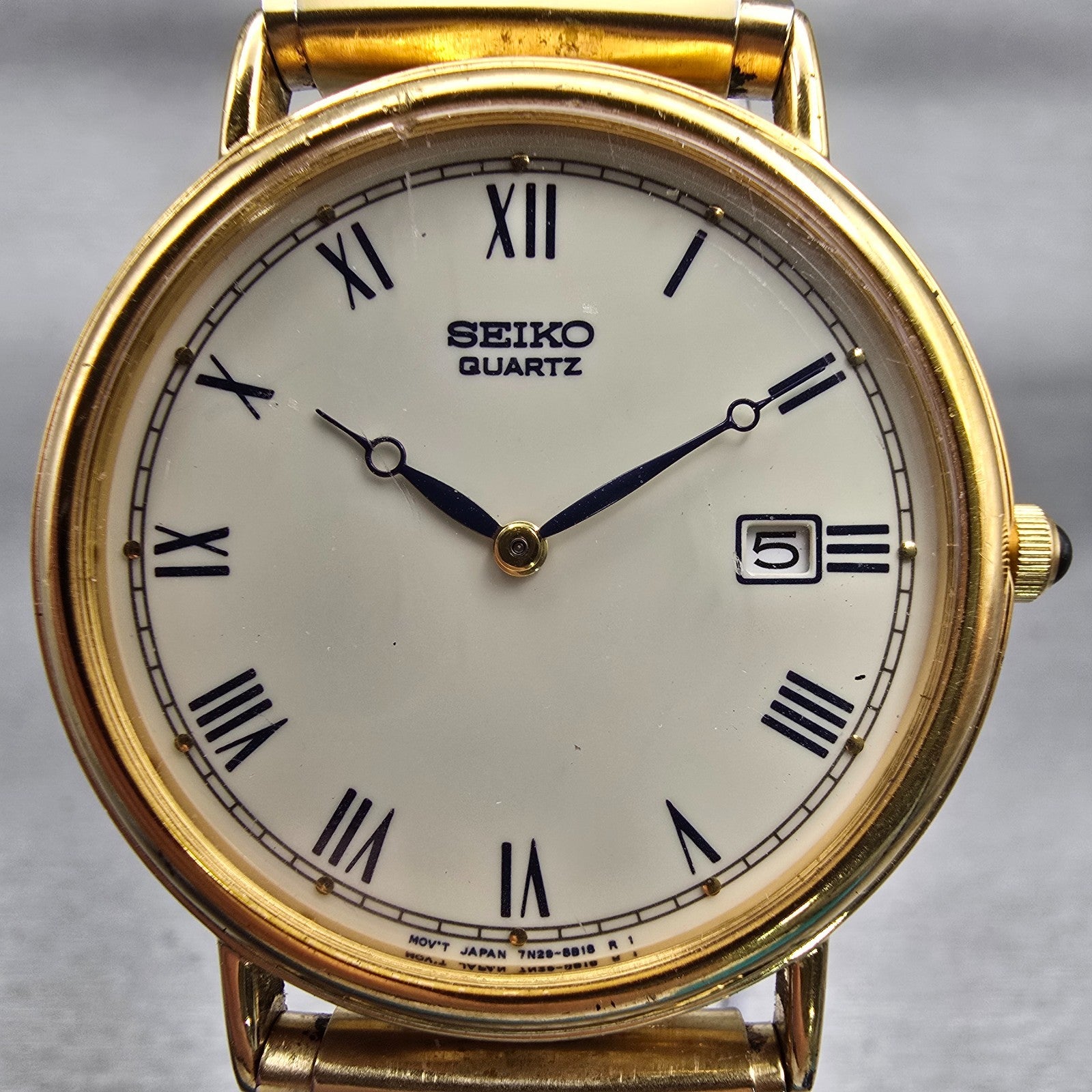 Seiko Watch Men 34mm Cream Dial Gold Tone Date Round 7N29-8A09 New Battery VTG1