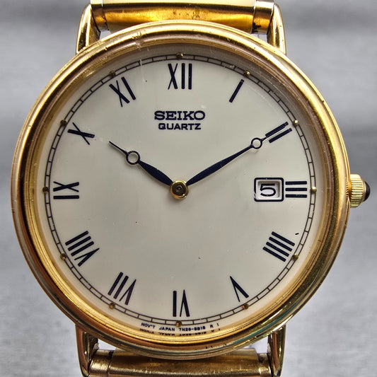 Seiko Watch Men 34mm Cream Dial Gold Tone Date Round 7N29-8A09 New Battery VTG1