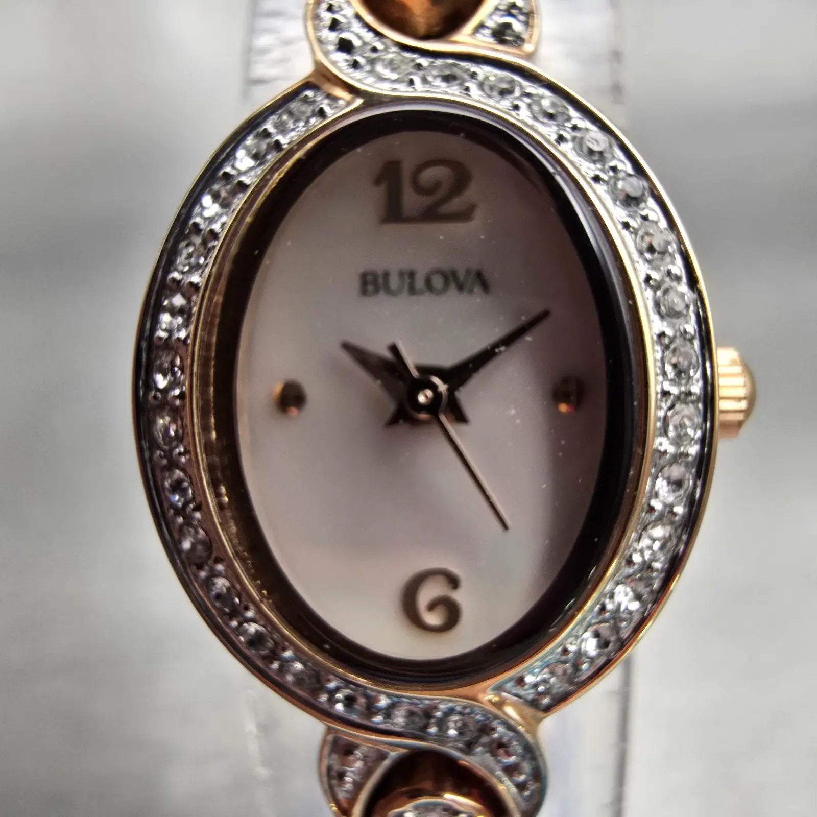 Bulova Watch Women 17mm MOP Dial Gold Tone Gemmed Oval 98L200 New Battery AD1
