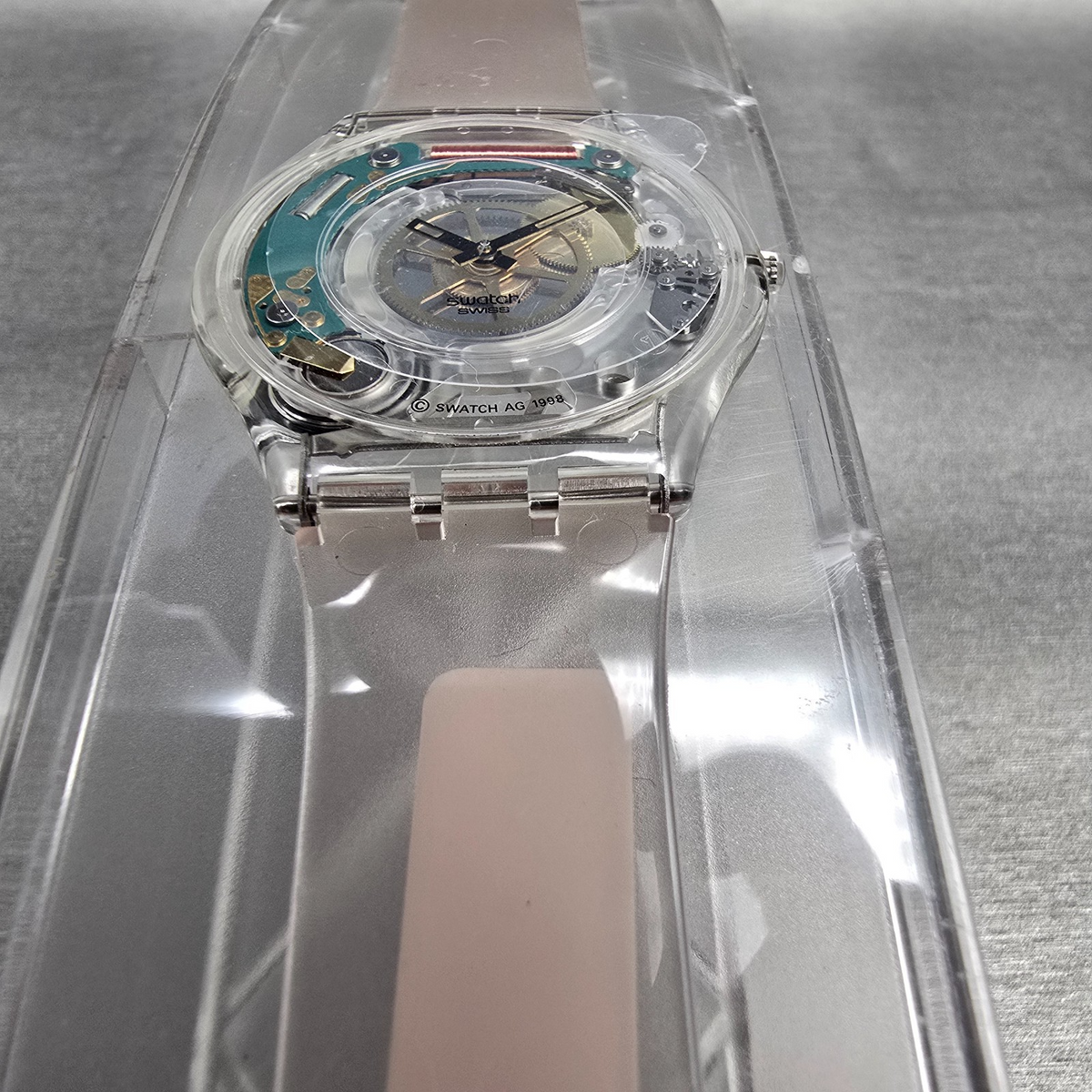 Swatch Jelly Skin Watch Men 34mm Skeleton Dial Clear Case SFK100 New Battery NOS6