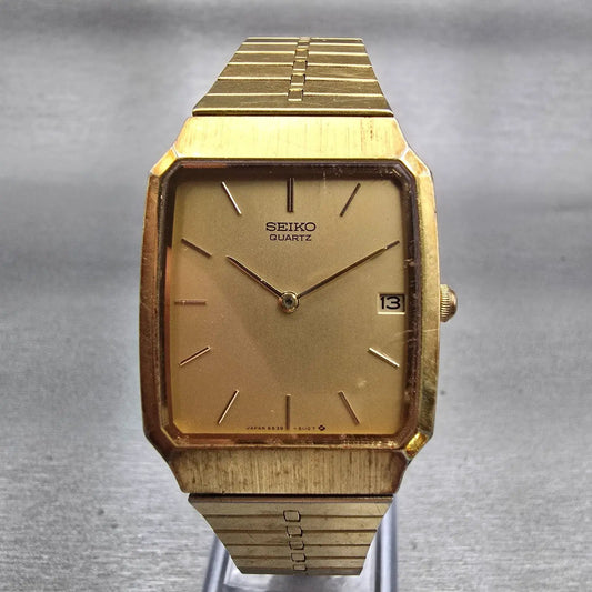 Seiko Watch Men 27mm Gold Dial Gold Tone Date Rectangle 6539-5060 New Battery0