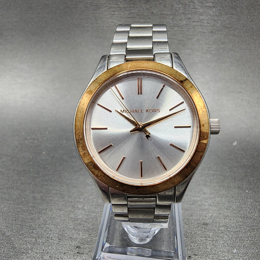 Michael Kors Runway Slim Watch Women 34mm mm Silver Dial Two Tone New Battery0